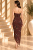 Brown Floral Ruched Strapless Midi Dress with Strip