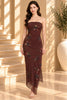 Brown Floral Ruched Strapless Midi Dress with Strip