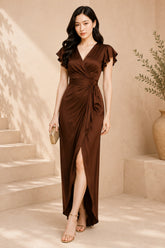 Brown Flutter Sleeve Wrap High Slit Evening Gown