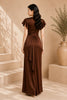 Brown Flutter Sleeve Wrap High Slit Evening Gown