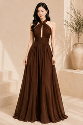 Brown Halter Keyhole Evening Gown