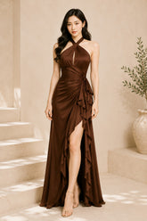 Brown Halter Ruffle High Slit Evening Gown