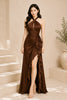 Brown Halter Ruffle High Slit Evening Gown
