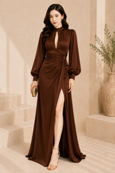 Brown Keyhole Balloon Sleeve High Slit Evening Gown