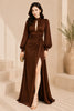 Brown Keyhole Balloon Sleeve High Slit Evening Gown