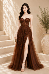 Brown Lace Applique High Slit Tulle Evening Gown