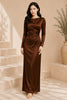 Brown Long Sleeve Draped Satin Column Gown