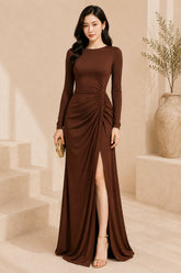 Brown Long Sleeve Ruched High Slit Evening Gown