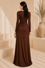 Brown Long Sleeve Ruched High Slit Evening Gown