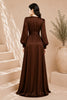Brown Long Sleeve Wrap High Slit Maxi Gown