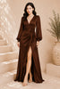 Brown Long Sleeve Wrap High Slit Maxi Gown