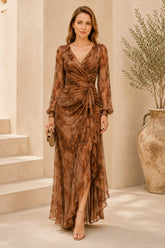 Brown Mocha Draped Ruffle Maxi Dress