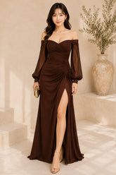 Brown Off Shoulder Ruched High Slit Evening Gown