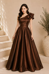 Brown One Shoulder Bow Ballgown Evening Dress