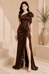 Brown One Shoulder Bow Ruffle High Slit Evening Gown