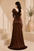 Brown One Shoulder Bow Ruffle High Slit Evening Gown