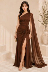 Brown One Shoulder Cape Evening Gown