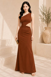 Brown One Shoulder Cutout Evening Gown