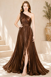 Brown One Shoulder Pleated Gown