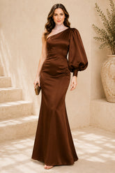 Brown One Sleeve Satin Mermaid Gown