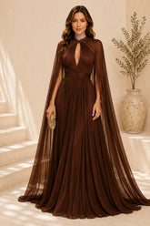Brown Pleated Cape Evening Gown