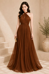 Brown Pleated Halter Evening Gown