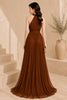Brown Pleated Halter Evening Gown