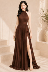 Brown Pleated Halter High Slit Evening Gown