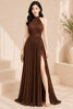 Brown Pleated Halter High Slit Evening Gown