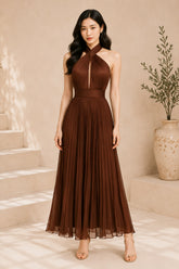 Brown Pleated Halter Midi Evening Dress