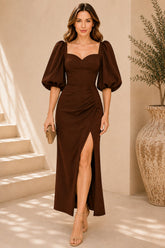 Brown Puff Sleeve Slit Midi Gown