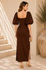 Brown Puff Sleeve Slit Midi Gown
