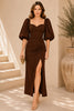Brown Puff Sleeve Slit Midi Gown