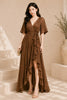 Brown Ruffle Wrap High Low Maxi Dress
