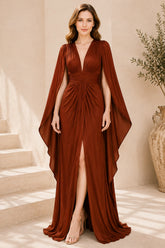 Brown Rust Cape Sleeve Draped Evening Gown