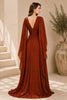Brown Rust Cape Sleeve Draped Evening Gown