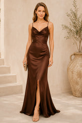Brown Satin Cowl Neck Evening Gown