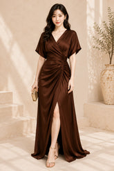 Brown Satin Ruched Wrap Evening Gown