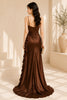 Brown Satin Ruffle High Low Evening Gown