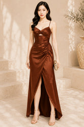 Brown Satin Twist Bust High Slit Evening Gown