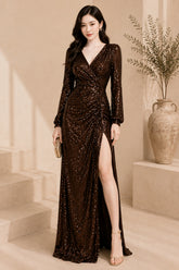 Brown Sequin Wrap High Slit Evening Gown