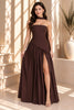 Brown Strapless Draped Cape Pleated Maxi Dress