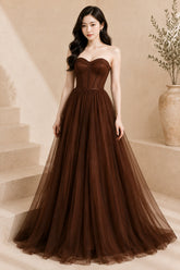 Brown Strapless Tulle Ballgown Evening Dress
