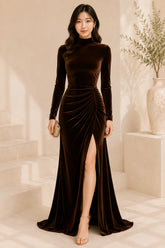 Brown Velvet High Neck Ruched Evening Gown