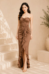 Brown ruffled strapless high low evening gown