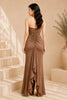 Brown ruffled strapless high low evening gown