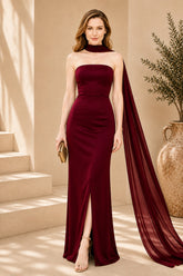 Burgundy Cape Column Evening Gown
