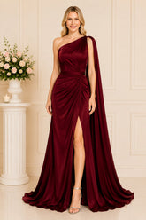 Burgundy Cape One Shoulder Gown