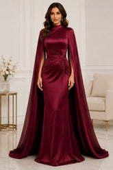 Burgundy Cape Satin Evening Gown