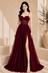 Burgundy Corset Tulle High Slit Evening Gown
